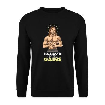 Hallowed Be Thy Gains - Jesus Workout - Unisex Pullover - Schwarz - Vorne - Alina (178cm) & Michal (187cm)