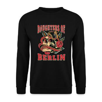 Berlin Power-Frau daughters of Berlin Retro Blumen - Unisex Pullover - Schwarz - Vorne - Alina (178cm) & Michal (187cm)