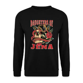 Jena Power-Frau daughters of Jena Retro Blumen - Unisex Pullover - Schwarz - Vorne - Alina (178cm) & Michal (187cm)