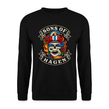Hagen Biker Geschenk sons of Hagen Heimat - Unisex Sweatshirt - black - Front - Alina (178cm) & Michal (187cm)