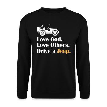 Love God Love Others Drive A Jeeps - Unisex Pullover - Schwarz - Vorne - Alina (178cm) & Michal (187cm)