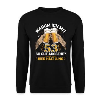 Pourquoi est-ce que j’ai l’air si bien à 53 ans ? La bière vous garde jeune - Sweat-shirt Unisexe - noir - Devant - Alina (178cm) & Michal (187cm)