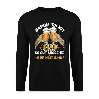 Pourquoi est-ce que j’ai l’air si bien à 69 ans ? La bière vous garde jeune - Sweat-shirt Unisexe - noir - Devant - Alina (178cm) & Michal (187cm)