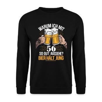 Warum Ich Mit 56 So Gut Aussehe? Bier Hält Jung - Unisex Pullover - Schwarz - Vorne - Alina (178cm) & Michal (187cm)