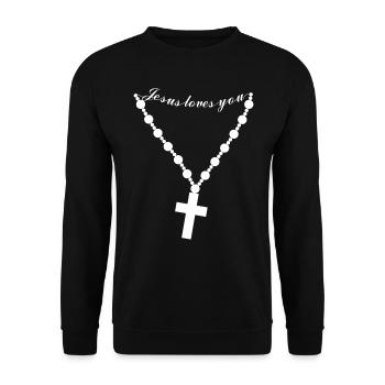 Pendant with a Christian cross and Jesus loves you - Unisex Sweatshirt - black - Front - Alina (178cm) & Michal (187cm)