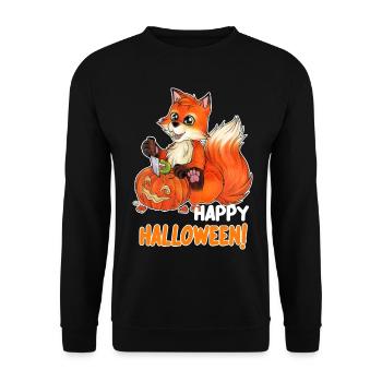 Happy Halloween - Fuchsbaby beim Kürbis Schnitzen - Unisex Pullover - Schwarz - Vorne - Alina (178cm) & Michal (187cm)