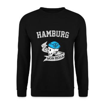 Moin Digga Hansestadt Hamburg Totenkopf Matrose - Unisex Pullover - Schwarz - Vorne - Alina (178cm) & Michal (187cm)