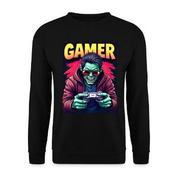 Zombie Gamer – Untoter mit Controller Retro Stil - Unisex Pullover - Schwarz - Vorne - Alina (178cm) & Michal (187cm)