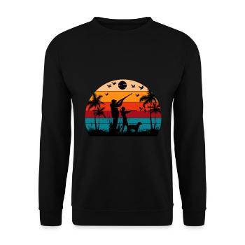 Retro Sonnenuntergang Jagd Lustige Jagd Humor - Unisex Pullover - Schwarz - Vorne - Alina (178cm) & Michal (187cm)