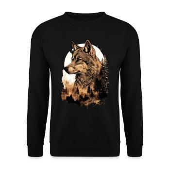 Wolf Wolfskopf Natur Wildnis Wald Bäume Kunst - Unisex Pullover - Schwarz - Vorne - Alina (178cm) & Michal (187cm)