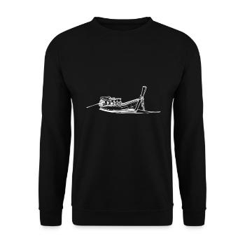 Vintage Long Tail Boat auf dem Wasser - Unisex Pullover - Schwarz - Vorne - Alina (178cm) & Michal (187cm)