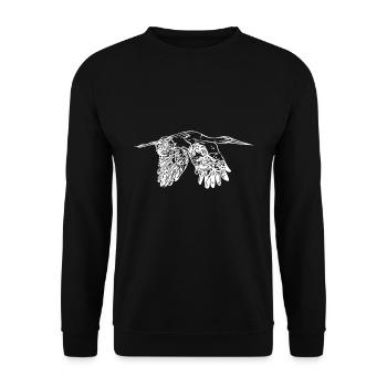 Fliegender vintage Storch im Flug - Unisex Pullover - Schwarz - Vorne - Alina (178cm) & Michal (187cm)