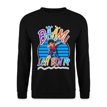 14. Geburtstag Kinder Fußball - Unisex Pullover - Schwarz - Vorne - Alina (178cm) & Michal (187cm)