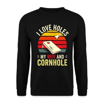 Humor Mann Ehemann Cornhole Spieler - Unisex Pullover - Schwarz - Vorne - Alina (178cm) & Michal (187cm)