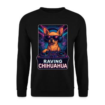 Raving Chihuahua – DJ Hund im Retro Rave Club - Unisex Pullover - Schwarz - Vorne - Alina (178cm) & Michal (187cm)