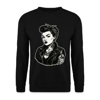 Rebellisches 50s Pin-Up Girl Lederjacke - Unisex Pullover - Schwarz - Vorne - Alina (178cm) & Michal (187cm)