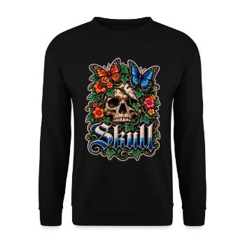 Blumen-Schädel mit Schmetterlingen - Unisex Pullover - Schwarz - Vorne - Alina (178cm) & Michal (187cm)