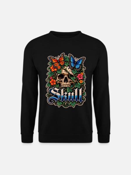 Blumen-Schädel mit Schmetterlingen - Unisex Pullover - Schwarz