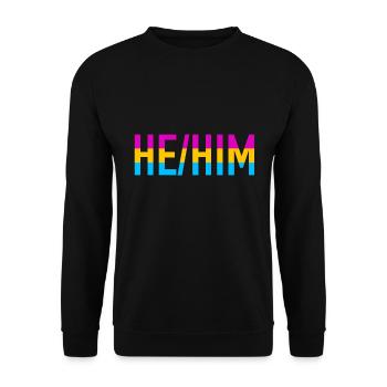 Queer He Him Pronomen LGBTQ Geschenk Pansexuell - Unisex Pullover - Schwarz - Vorne - Alina (178cm) & Michal (187cm)