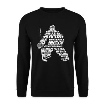 Sprache der Hockey (Goalie Version, Weiß-Druck) - Unisex Pullover - Schwarz - Vorne - Alina (178cm) & Michal (187cm)
