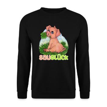 Sau Glück niedlich Ferkel mit Glücksklee Geschenk - Unisex Pullover - Schwarz - Vorne - Alina (178cm) & Michal (187cm)