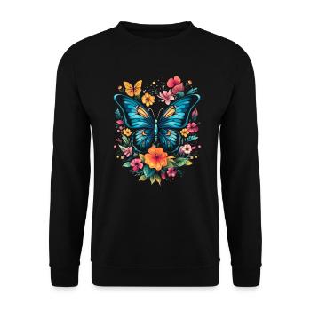 Schmetterling mit Blumen - Unisex Pullover - Schwarz - Vorne - Alina (178cm) & Michal (187cm)