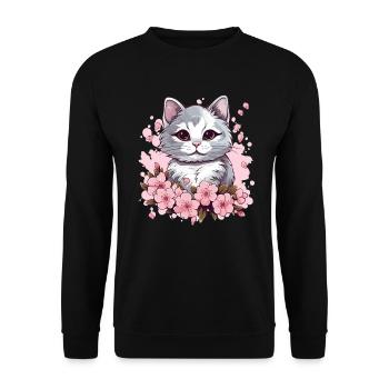Katze mit Kirschblüten - Unisex Pullover - Schwarz - Vorne - Alina (178cm) & Michal (187cm)