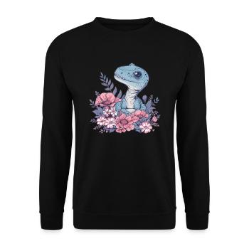 Velociraptor Dino in Blumenfeld - Unisex Pullover - Schwarz - Vorne - Alina (178cm) & Michal (187cm)