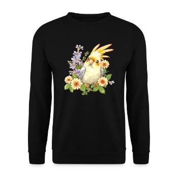 Kakadu mit Blumenkranz - Unisex Pullover - Schwarz - Vorne - Alina (178cm) & Michal (187cm)