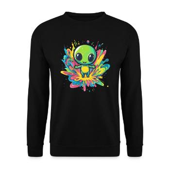 Bunter Alien auf Farbspritzer - Unisex Pullover - Schwarz - Vorne - Alina (178cm) & Michal (187cm)