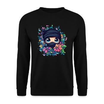 Ninja mit Blumenkranz - Unisex Pullover - Schwarz - Vorne - Alina (178cm) & Michal (187cm)