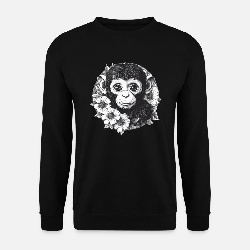 Schwarz-Weiß Affe mit Blumen - Unisex Pullover - Schwarz