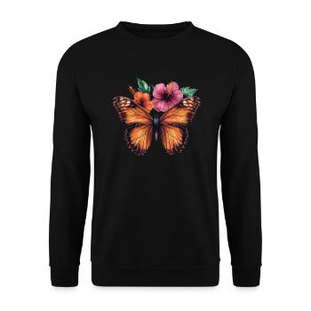 Schmetterling mit Blüten - Unisex Pullover - Schwarz - Vorne - Alina (178cm) & Michal (187cm)