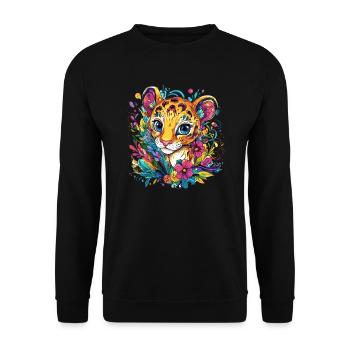 Bunter Leopardenkopf mit Blumen - Unisex Pullover - Schwarz - Vorne - Alina (178cm) & Michal (187cm)