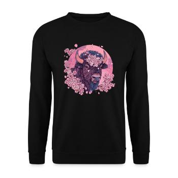Bison mit Kirschblütenkranz - Unisex Pullover - Schwarz - Vorne - Alina (178cm) & Michal (187cm)