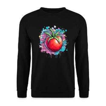 Graffiti Tomate auf Mauer - Unisex Pullover - Schwarz - Vorne - Alina (178cm) & Michal (187cm)
