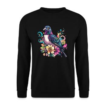 Farbenfrohe Taube mit Blumen - Unisex Pullover - Schwarz - Vorne - Alina (178cm) & Michal (187cm)