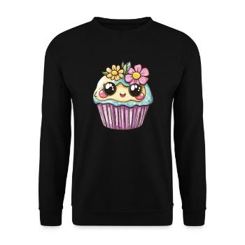 Kawaii Muffin mit Blumen - Unisex Pullover - Schwarz - Vorne - Alina (178cm) & Michal (187cm)