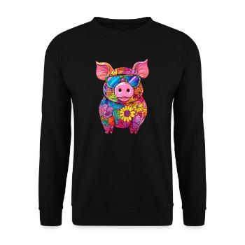 Farbenfrohes Schwein mit Sonnenbrille - Unisex Pullover - Schwarz - Vorne - Alina (178cm) & Michal (187cm)