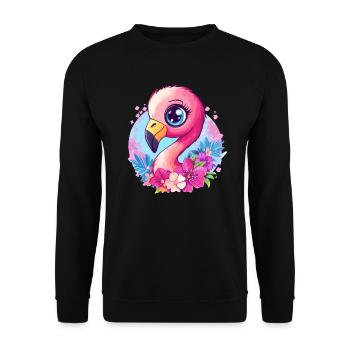 Flamingo mit Blütenzauber - Unisex Pullover - Schwarz - Vorne - Alina (178cm) & Michal (187cm)