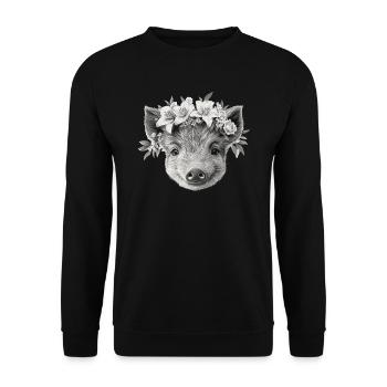 Wildschwein mit Blumenkranz - Unisex Pullover - Schwarz - Vorne - Alina (178cm) & Michal (187cm)