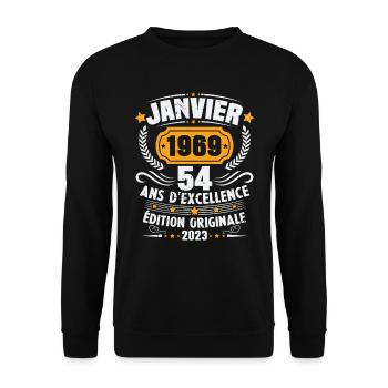 Cadeau D'anniversaire 54 Ans Janvier 1969 Vintage - Sweat-shirt Unisexe - noir - Devant - Alina (178cm) & Michal (187cm)