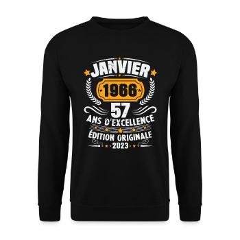 Cadeau D'anniversaire 57 Ans Janvier 1966 Vintage - Sweat-shirt Unisexe - noir - Devant - Alina (178cm) & Michal (187cm)