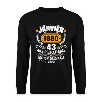 Cadeau D'anniversaire 43 Ans Janvier 1980 Vintage - Sweat-shirt Unisexe - noir - Devant - Alina (178cm) & Michal (187cm)