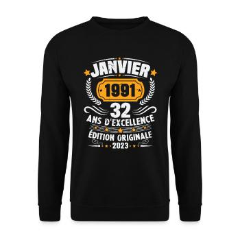 Cadeau D'anniversaire 32 Ans Janvier 1991 Vintage - Sweat-shirt Unisexe - noir - Devant - Alina (178cm) & Michal (187cm)