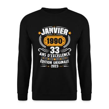 Cadeau D'anniversaire 33 Ans Janvier 1990 Vintage - Sweat-shirt Unisexe - noir - Devant - Alina (178cm) & Michal (187cm)