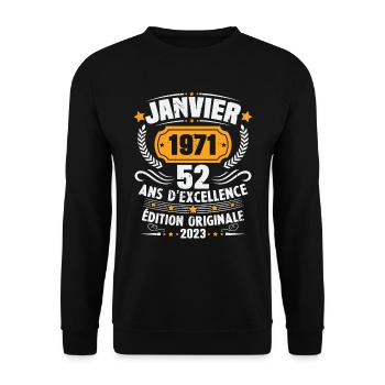 Cadeau D'anniversaire 52 Ans Janvier 1971 Vintage - Sweat-shirt Unisexe - noir - Devant - Alina (178cm) & Michal (187cm)