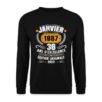 Cadeau D'anniversaire 36 Ans Janvier 1987 Vintage - Sweat-shirt Unisexe - noir - Devant - Alina (178cm) & Michal (187cm)
