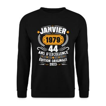 Cadeau D'anniversaire 44 Ans Janvier 1979 Vintage - Sweat-shirt Unisexe - noir - Devant - Alina (178cm) & Michal (187cm)