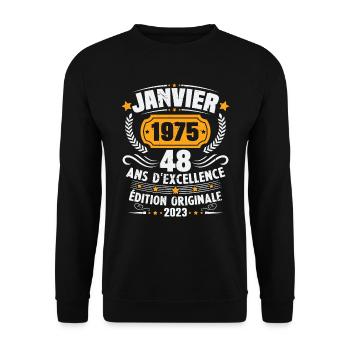 Cadeau D'anniversaire 48 Ans Janvier 1975 Vintage - Sweat-shirt Unisexe - noir - Devant - Alina (178cm) & Michal (187cm)